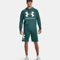 Under Armour Men's UA Rival Fleece Big Logo Hoodie Coastal Teal / Onyx White -Canter Sport Clothing Shop v5 1357093 722 fsf