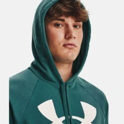 Under Armour Men's UA Rival Fleece Big Logo Hoodie Coastal Teal / Onyx White -Canter Sport Clothing Shop v5 1357093 722 hood
